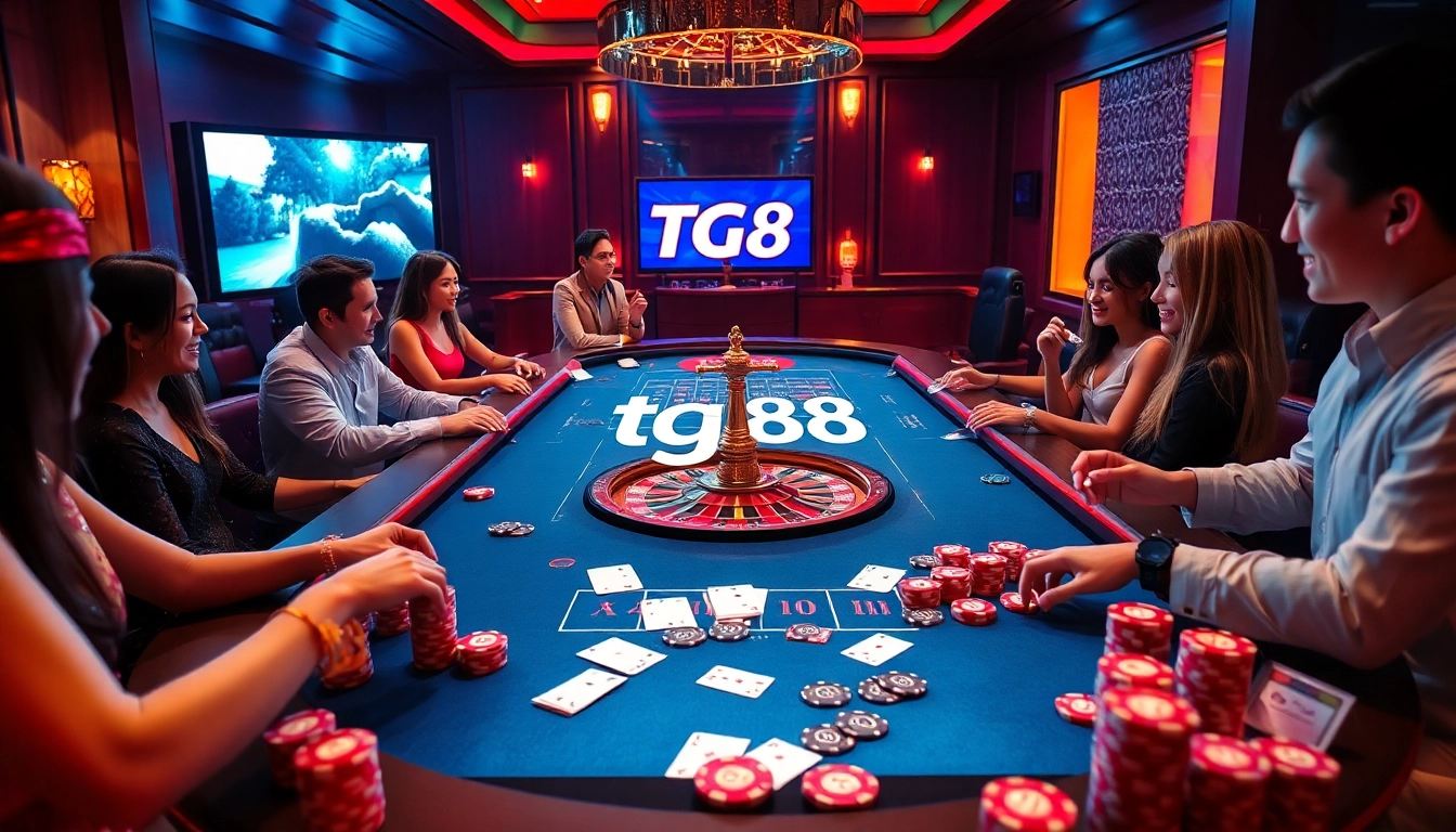 Players engage in thrilling gambling action at tg88's luxurious casino table, showcasing strategy and excitement.