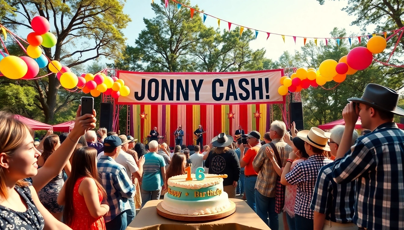 Exciting celebration scene for johnnycashbirthday.com featuring fans, live music, and festive decorations.