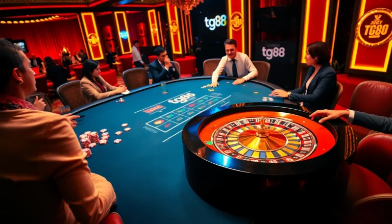 TG88 players enjoy a thrilling poker game at a luxurious casino table with vibrant atmosphere.