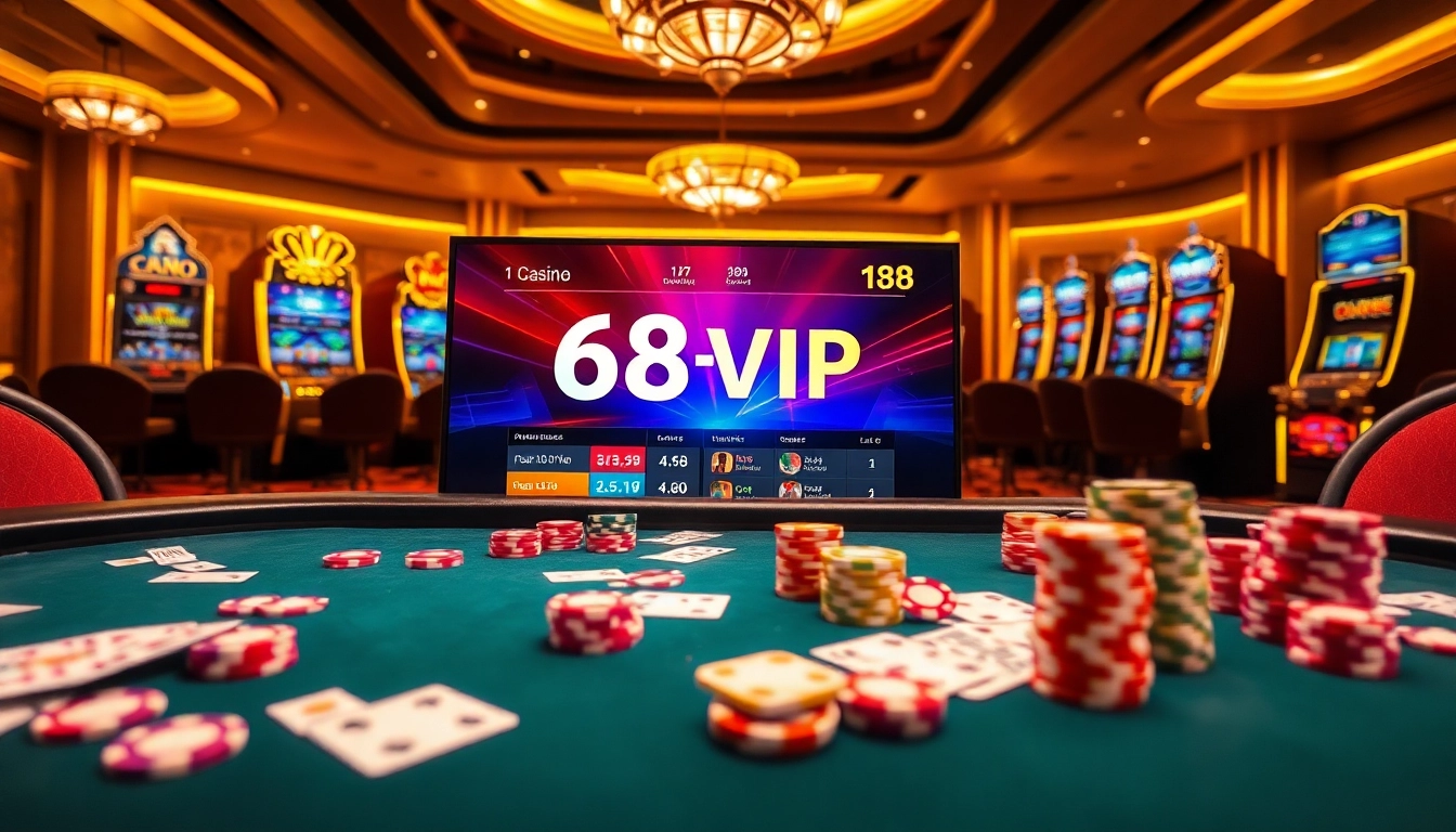 Experience the thrill of gaming at 68VIP with vibrant poker chips and a modern casino interface.