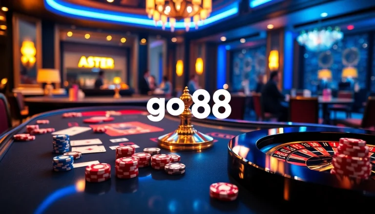 Experience thrilling action at go88 with a vibrant casino setup showcasing poker chips, playing cards, and a roulette wheel.