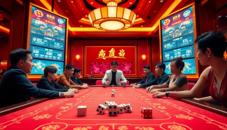 Tài Xỉu MD5 gameplay at a luxurious casino table with dealers and betting options.