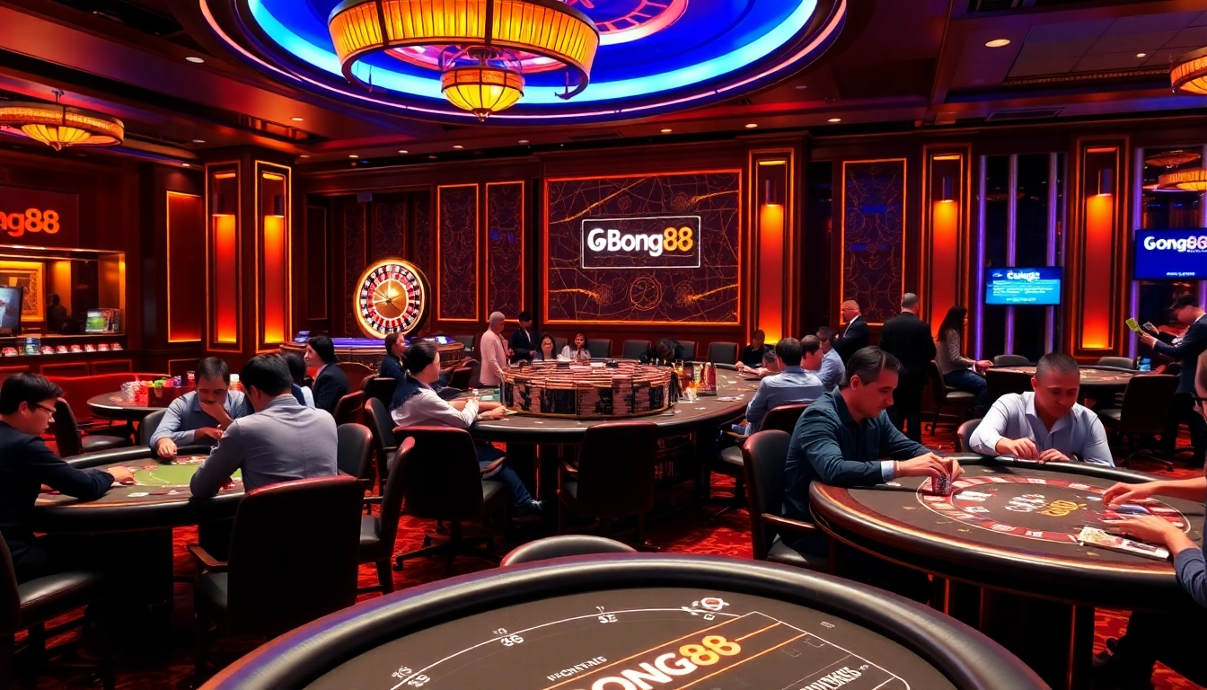 Engage in thrilling gameplay at Bong88's vibrant casino tables, showcasing poker chips and cards.