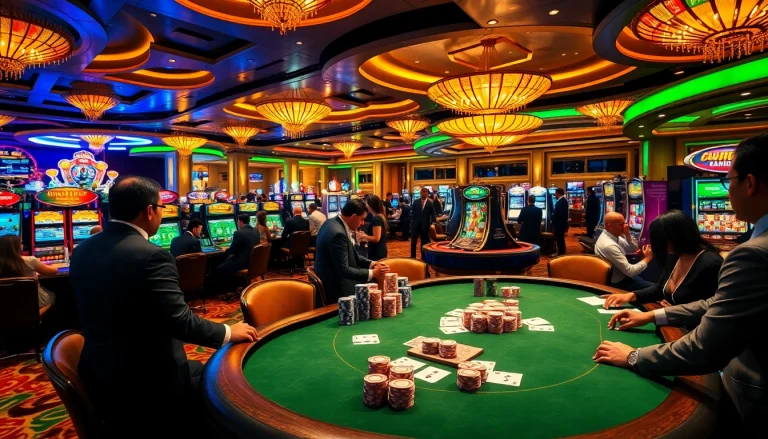 Experience thrilling gaming action at https://hb88hz.club/ with colorful poker chips and vibrant slot machines.