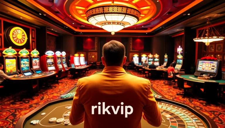 Engaging scene at Rikvip casino with players at a poker table and vibrant slot machines.