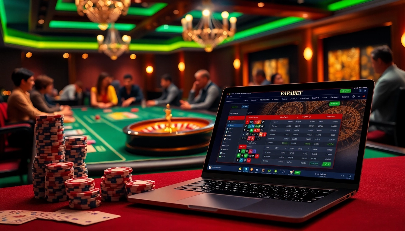 Experience online gambling with fabet's vibrant casino scene showcasing poker chips and a digital roulette wheel.