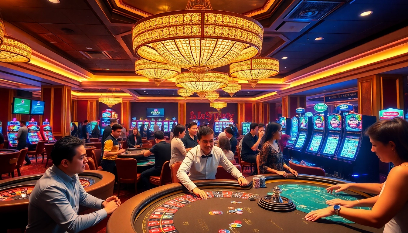 Excited players engaging in vibrant gambling activities at NK88 casino.