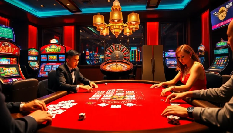 NK88 players strategizing at a dazzling casino table, surrounded by excitement and winning opportunities.