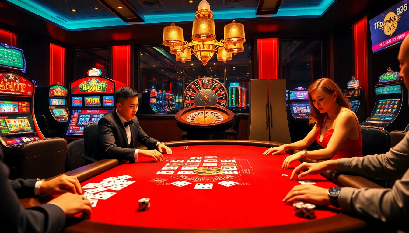 NK88 players strategizing at a dazzling casino table, surrounded by excitement and winning opportunities.