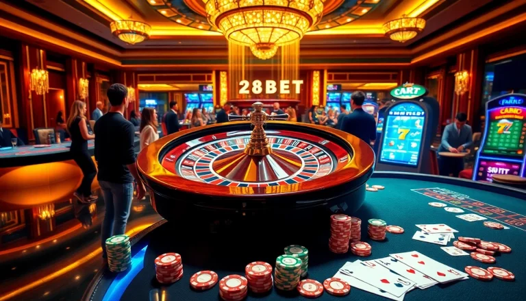 Experience the excitement of betting at 28BET with a vibrant casino scene featuring roulette, poker, and slot machines.