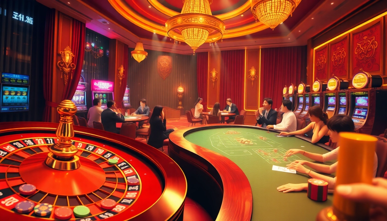 Engaged players enjoying lô đề online in a sophisticated casino atmosphere, showcasing excitement.