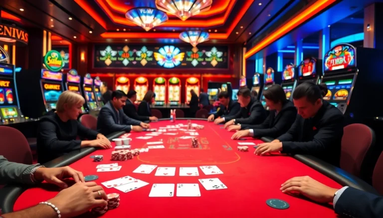 Players enjoying poker in a luxurious casino setting, featuring https://az888.futbol gaming elements.