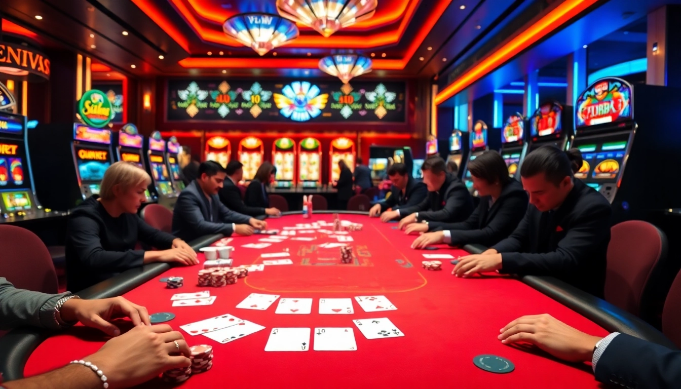 Players enjoying poker in a luxurious casino setting, featuring https://az888.futbol gaming elements.