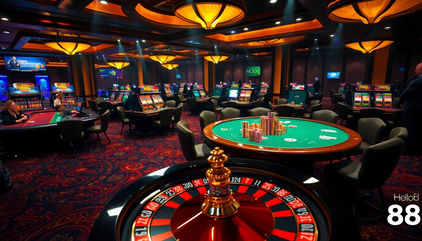 Players engaging at a vibrant poker table in a luxurious casino setting with Hello88 branding.