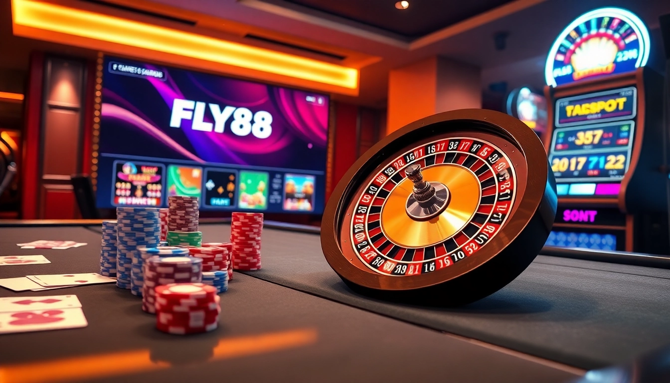 Engage with thrilling games at FLY88 casino, featuring vibrant poker chips and a spinning roulette wheel.