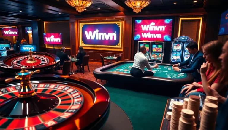 Engage with excitement at https://winvn.wiki with a vibrant casino scene featuring thrilling card games and a glowing roulette wheel.