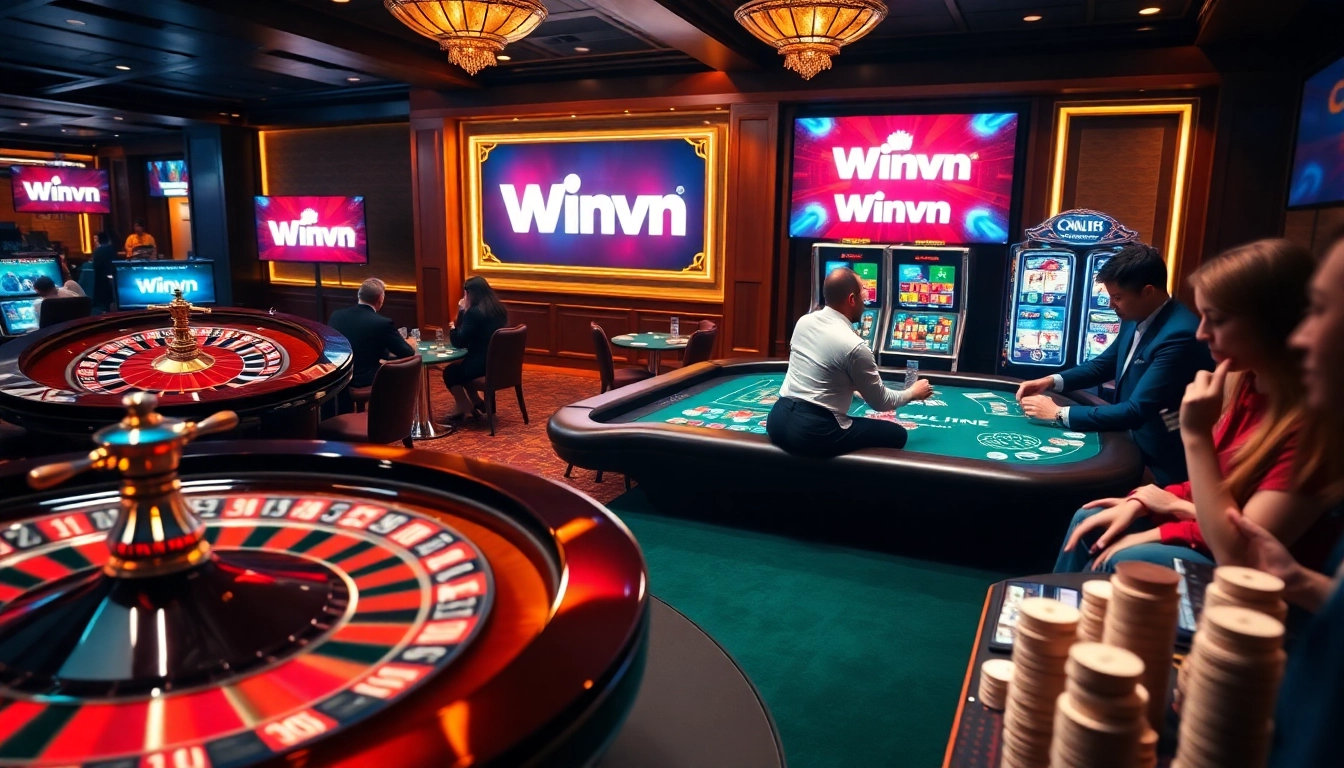 Engage with excitement at https://winvn.wiki with a vibrant casino scene featuring thrilling card games and a glowing roulette wheel.