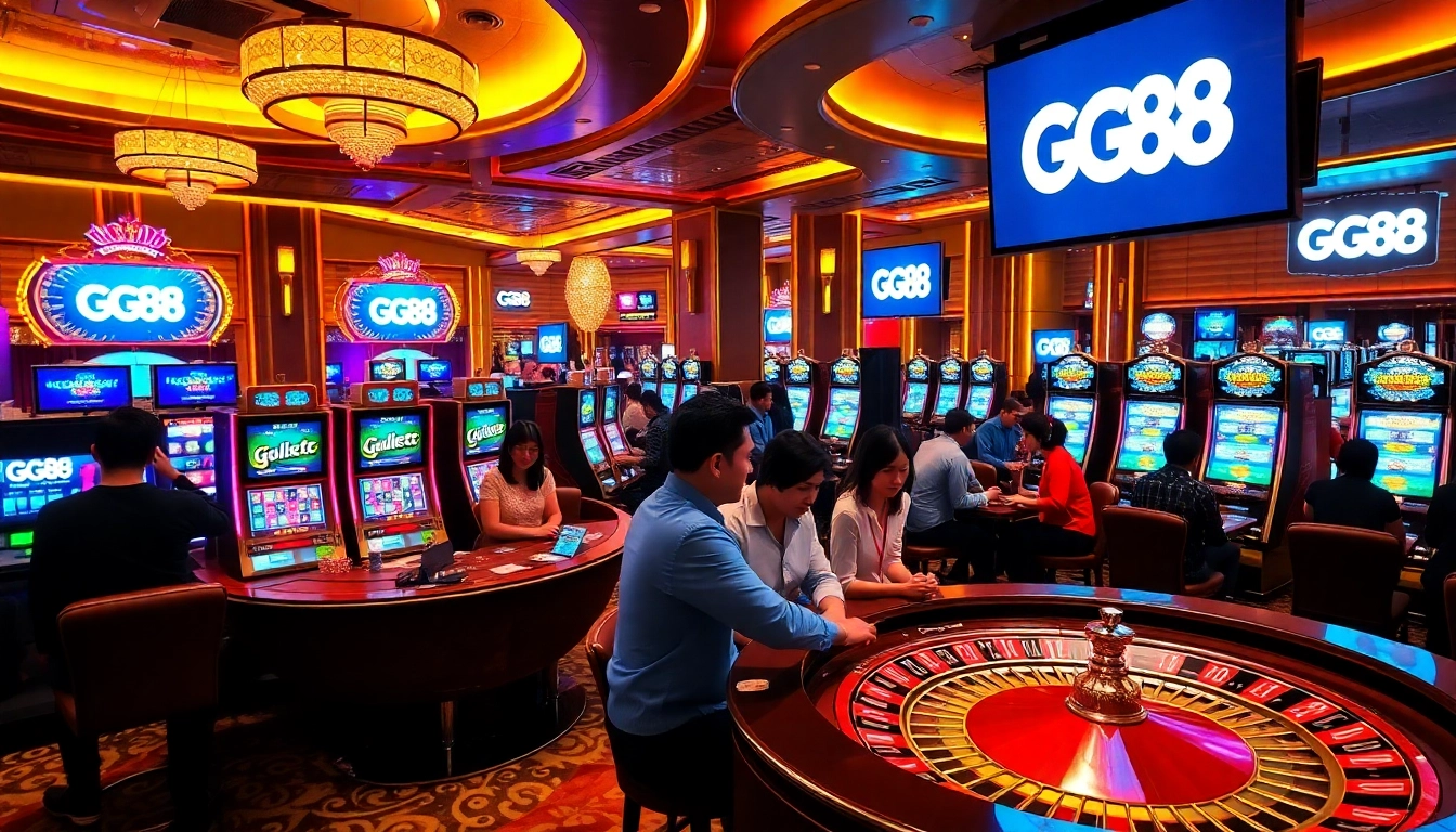 Experience thrilling casino action as players engage with GG88 slot machines and roulette tables.