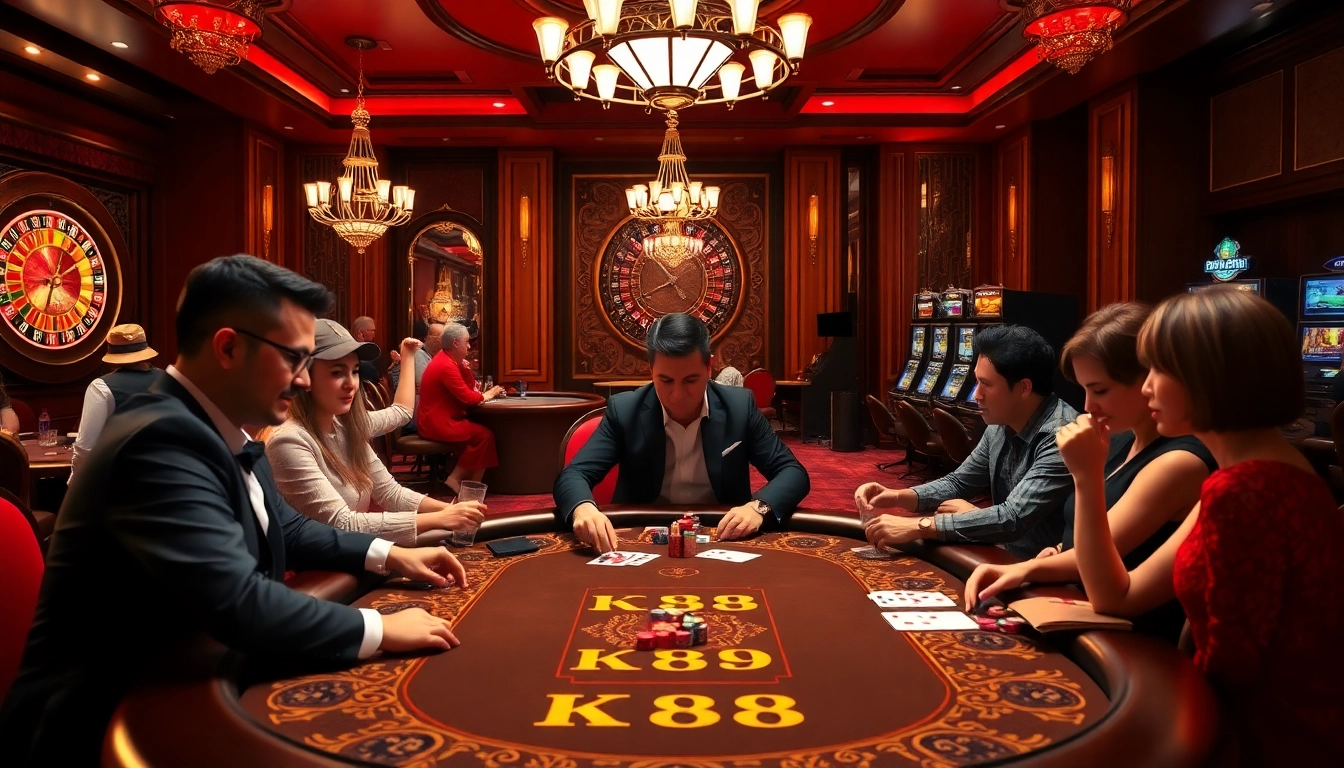 Kp88 casino scene with poker table and luxury gaming elements, showcasing excitement and luxury.