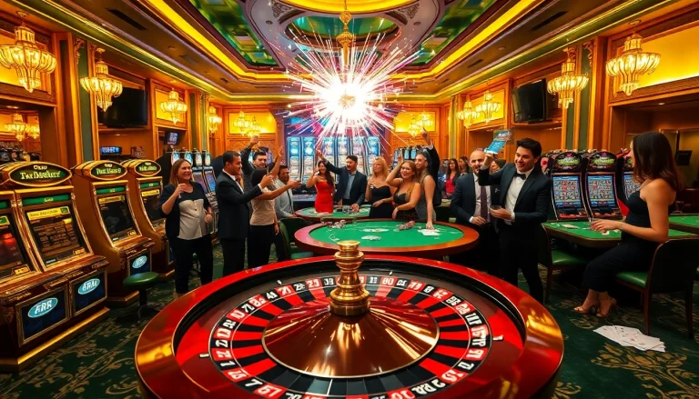 Celebration of an explosion of a prize-winning lottery in a luxurious casino setting.