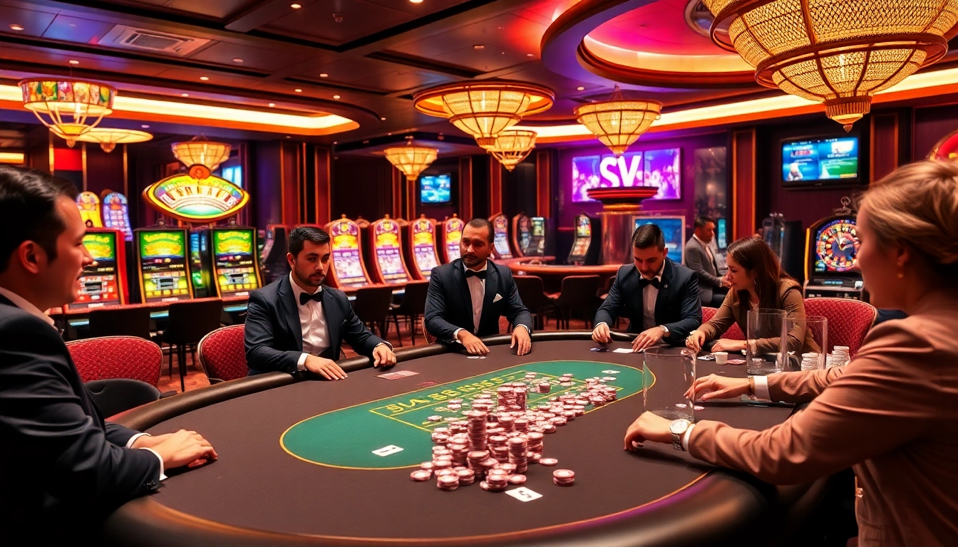Players engage in a high-stakes game at the SV88 casino, showcasing colorful chips and dynamic betting action.
