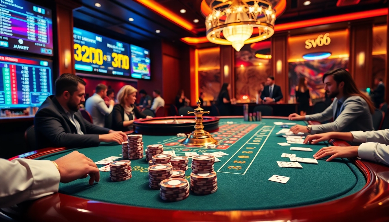 Players placing bets at a luxurious sv66 casino table, with poker chips and roulette wheel, enhancing the excitement.