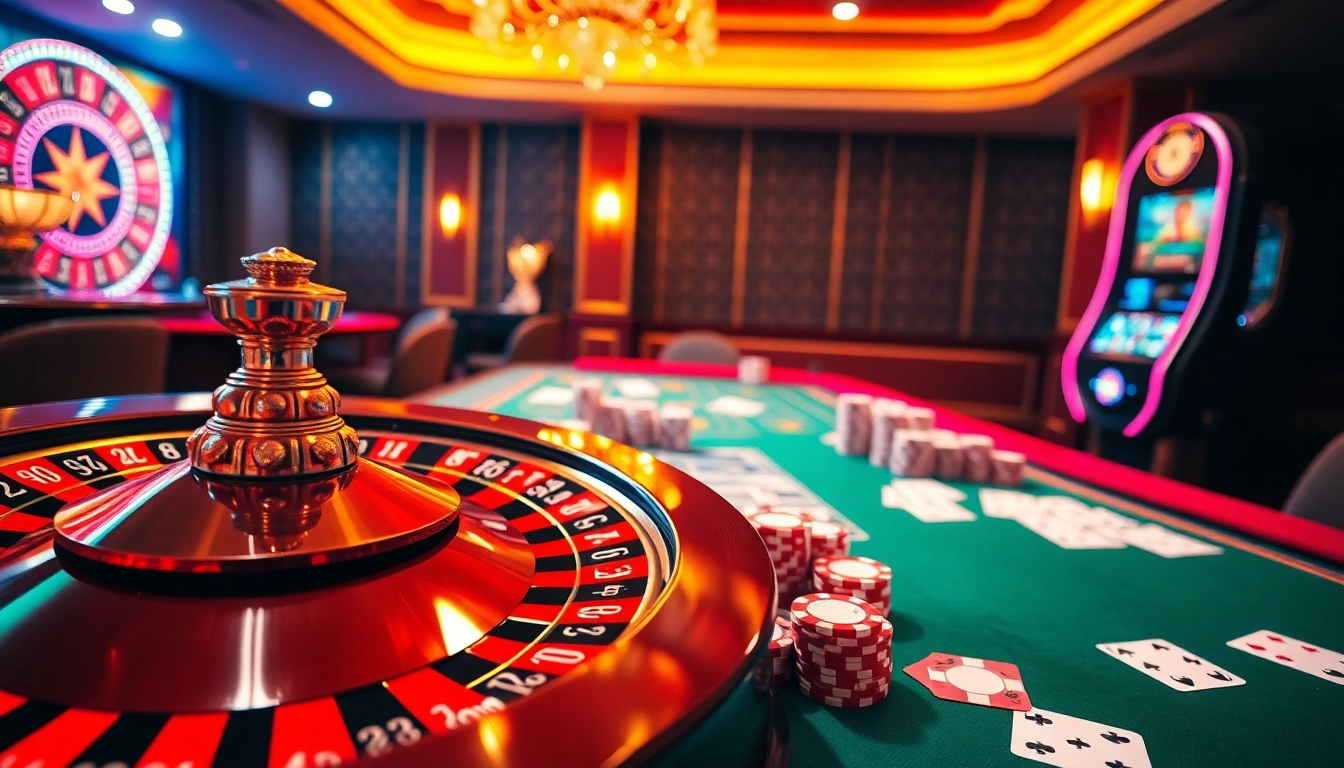 Experience the excitement of gambling at https://s666hn.com/ with a luxurious casino setup featuring vibrant tables and chips.