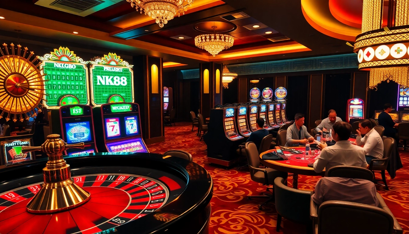 Players enjoying an exciting game scene at NK88 casino, showcasing vibrant tables and slot machines.