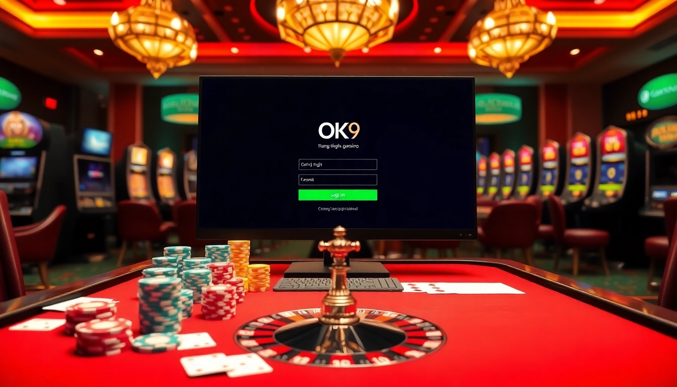 Engaging casino interface for Đăng Nhập OK9 with poker chips and cards representing online gambling.