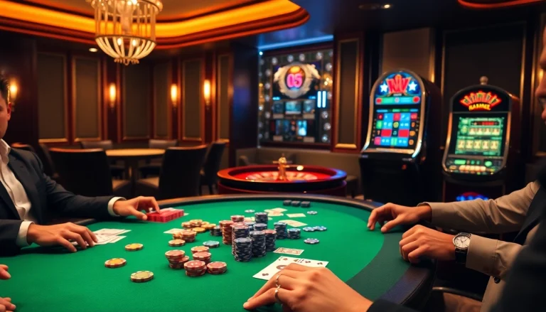 Experience the thrill of gambling with a vibrant casino scene at https://hbbet4.art/, featuring poker tables and roulette wheels.