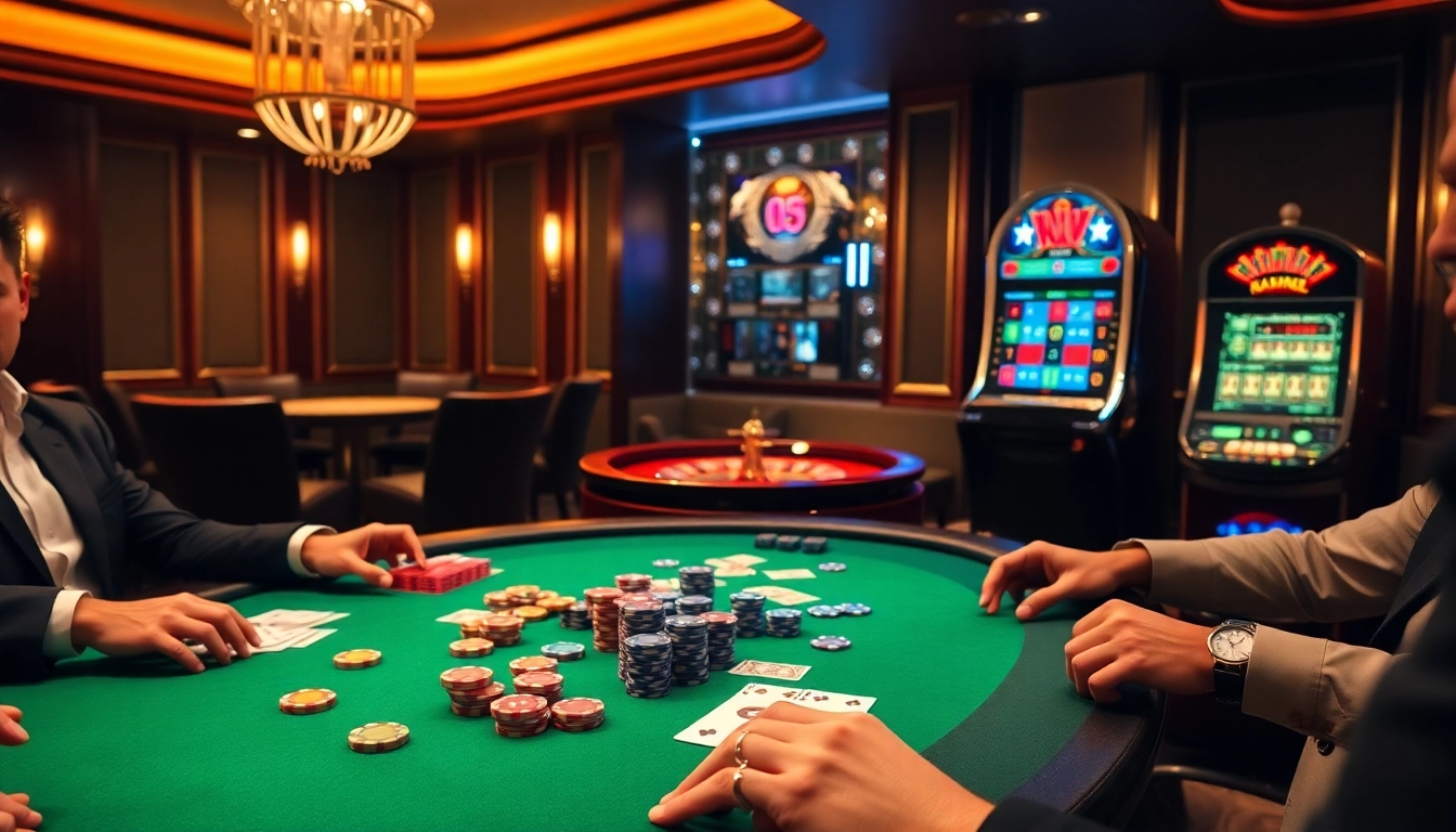 Experience the thrill of gambling with a vibrant casino scene at https://hbbet4.art/, featuring poker tables and roulette wheels.