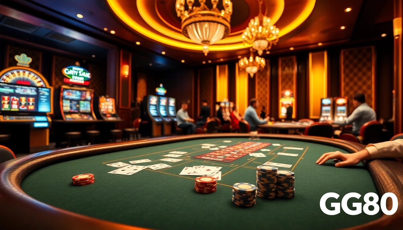 GG88 players enjoying an exciting moment at a luxurious casino with poker chips and roulette wheels.