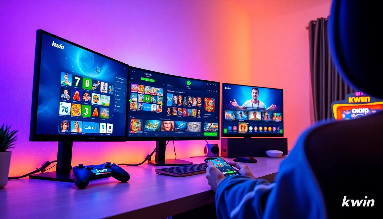 Engaging gaming scene at Kwin showcasing online slots and sports betting in a vibrant, friendly atmosphere.