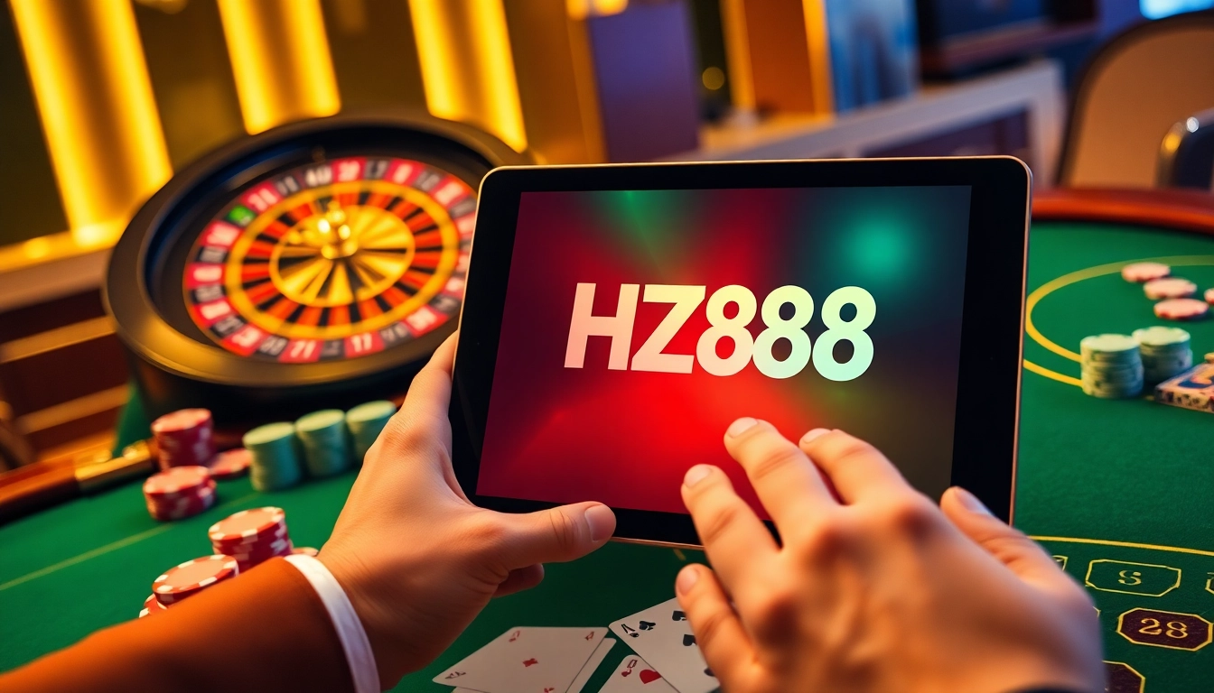 Experience HZ88 online gaming vibrancy with a luxurious casino atmosphere showcasing roulette and poker elements.