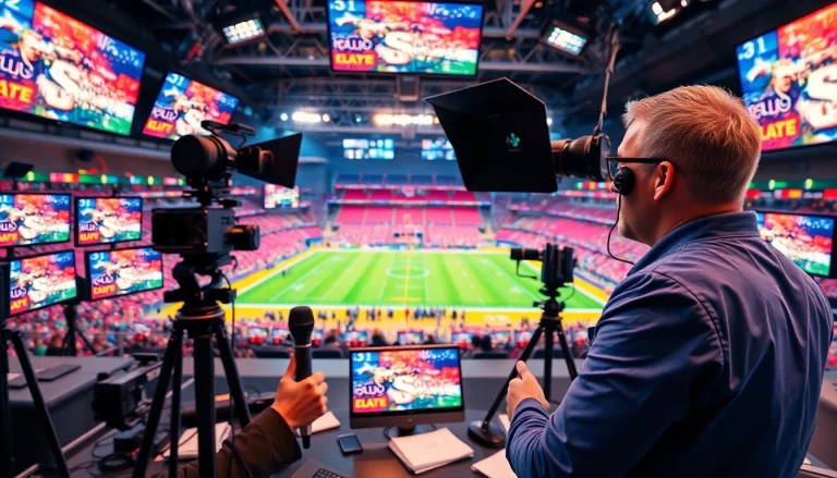 Action-packed sports broadcasting studio featuring a confident sportscaster amidst live sports excitement.
