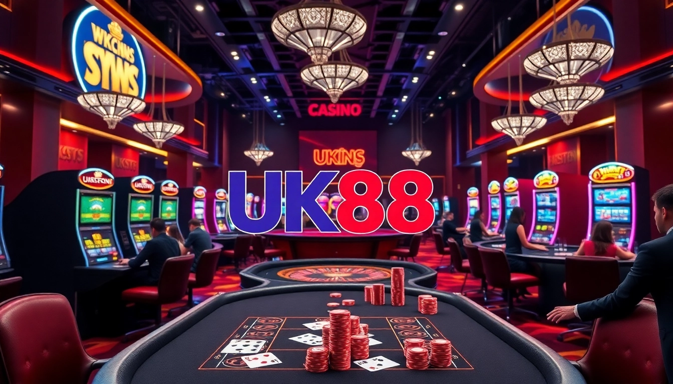 Players enjoying various games at UK88 casino, surrounded by vibrant slot machines and elegant tables.