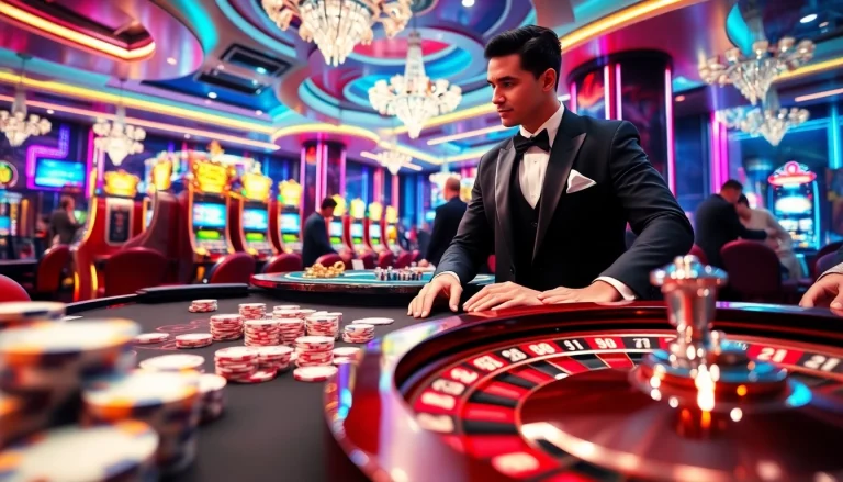 Experience the vibrant excitement of TT88 with players enjoying poker and roulette in a luxurious casino.