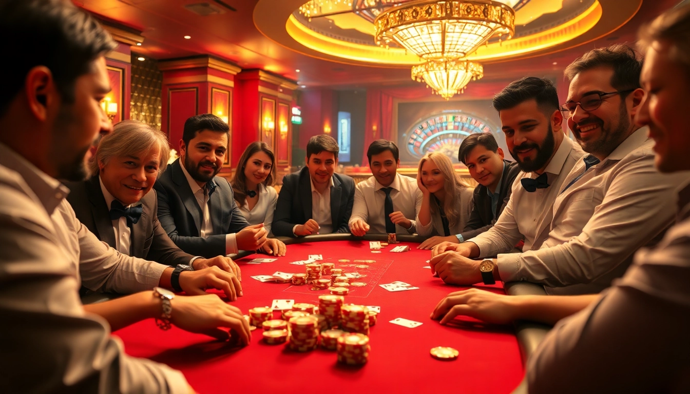 Players enjoying high-stakes poker at https://nk88s.com/, showcasing vibrant chips and cards in a luxurious casino setting.