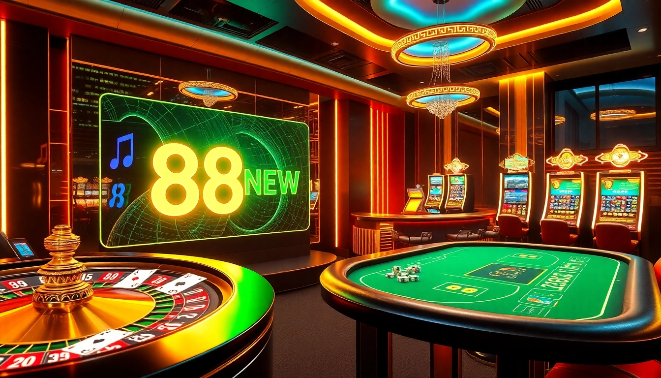 Experience the thrill at 888NEW with vibrant casino elements like poker tables and slot machines.