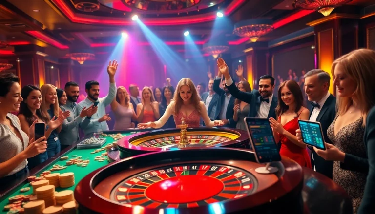 Players celebrating at an Okwin-themed casino table, showcasing luxury and excitement in online gambling.