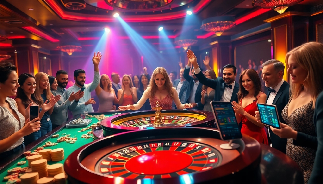 Players celebrating at an Okwin-themed casino table, showcasing luxury and excitement in online gambling.