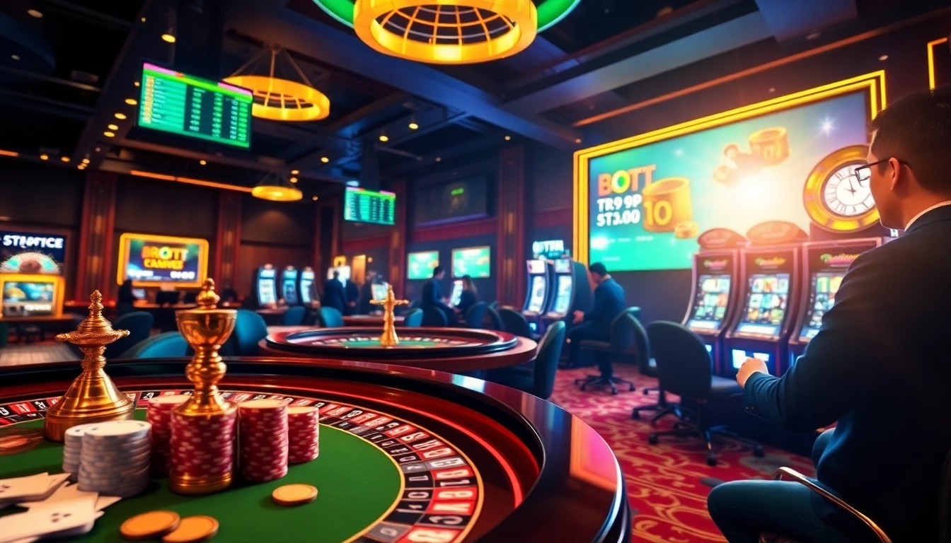 An impressive digital gambling scene featuring tr88vip.co.com with casino tables, roulette wheel, and slot machines.