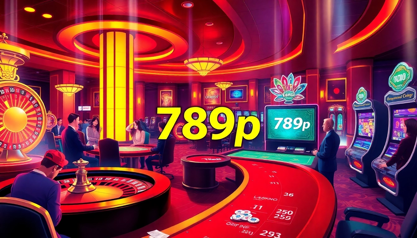 Players enjoying casino games at 789p, featuring vibrant slot machines and roulette tables.