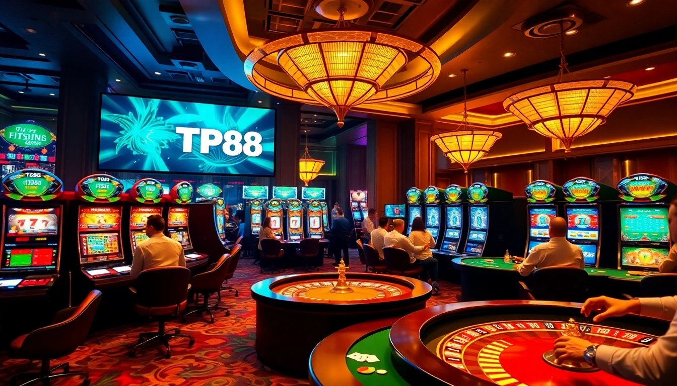 Experience the excitement of TP88 in a luxurious casino setting with vibrant tables and high-stakes action.