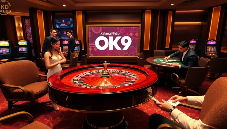 Engaging scene of casino gaming with Đăng Nhập OK9 featured, showcasing roulette table and intense poker players.