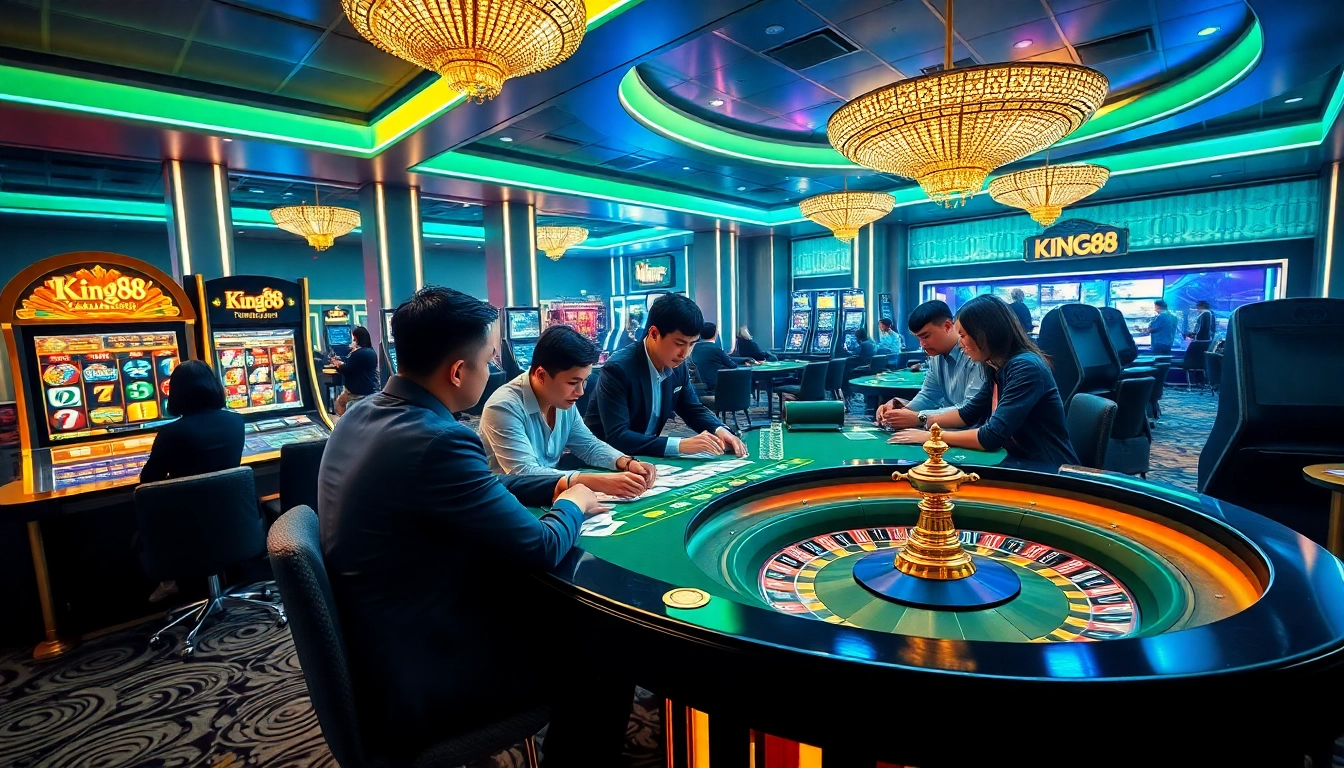 Players enjoying a vibrant casino atmosphere at King88, showcasing roulette, poker, and slot machines.