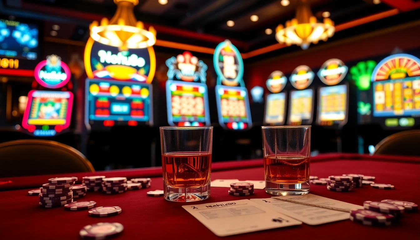 A vibrant nohu90 casino scene featuring poker chips, slot machines, and a warm, inviting atmosphere.