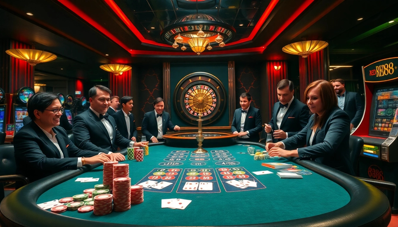 Experience the thrill of red88 at a vibrant casino table filled with excited players and professional cards.