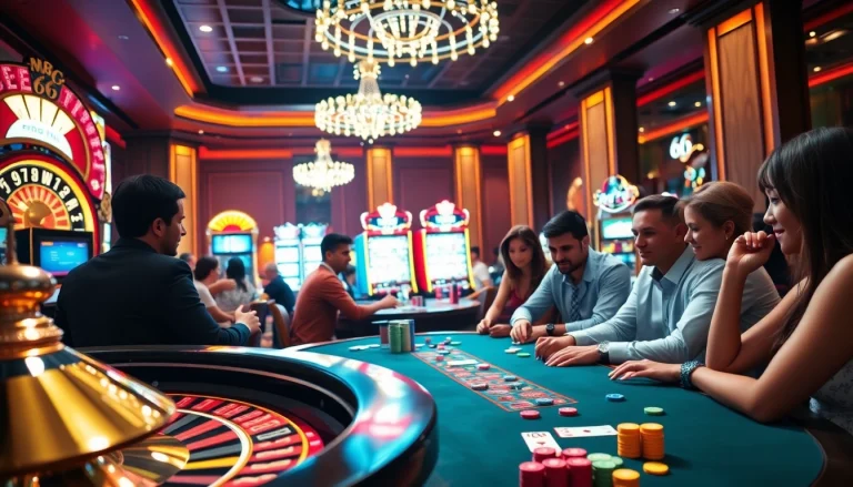 Experience the thrill of MB66 in a vibrant casino atmosphere filled with poker and roulette excitement.