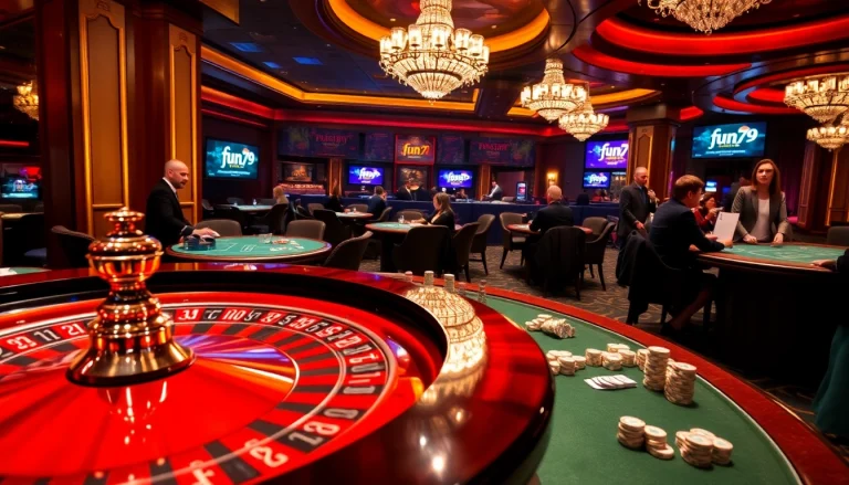 Experience thrilling games at fun79 casino with vibrant roulette and poker tables.
